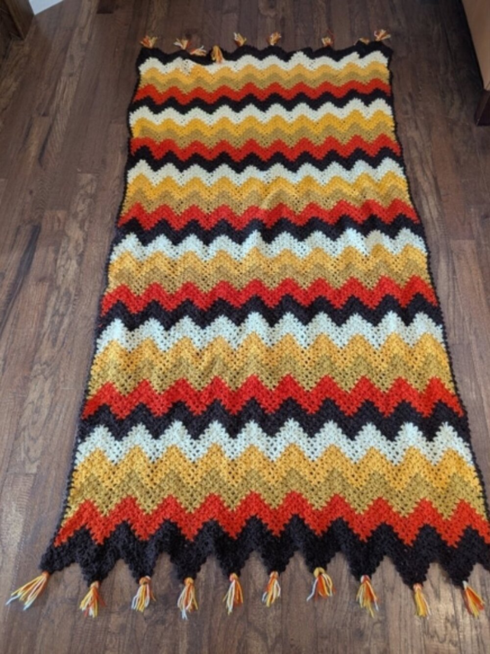 Vintage Chevron Afghan Crocheted Blanket Throw Zig Zag Earthy 70s Retro Groovy